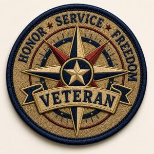 May include: A circular embroidered patch featuring a central compass rose with a star, surrounded by the text HONOR, SERVICE, FREEDOM and a banner across the bottom with the word VETERAN. The design uses navy blue, tan, and red thread.