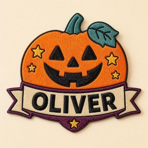 Custom Name Halloween Embroidered Patch, Personalized Pumpkin Patch Iron On for Jacket, Cute Jack O Lantern Name Tag Applique