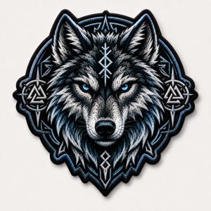 May include: A circular embroidered patch featuring a detailed wolf head with piercing blue eyes. The design includes white and grey fur textures, a central runic symbol on the forehead, and two triangular valknut symbols on the sides.