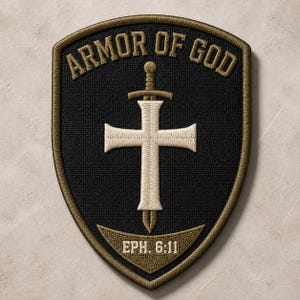 May include: A shield-shaped embroidered patch with a black background and olive green border. It features the text ARMOR OF GOD at the top, a central white cross superimposed over a sword, and the text EPH. 6:11 at the bottom in olive green.