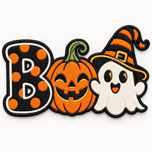 May include: An embroidered patch featuring the word BOO, where the letter B is black with orange polka dots, the letter O is a smiling orange pumpkin with a green stem, and the second O is a white ghost wearing an orange and black striped hat.