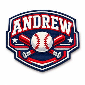 May include: A shield-shaped embroidered patch featuring the name ANDREW in white block letters with a red outline. The design includes a central white baseball with red stitching, crossed by two red baseball bats, and two white stars on a blue background.
