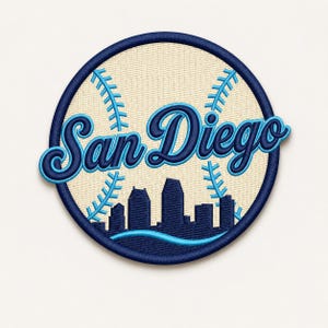 May include: Embroidered patch featuring "San Diego" in a stylized script, with a cityscape silhouette at the bottom. The design is set against a baseball-like background with blue stitching and a navy blue border.