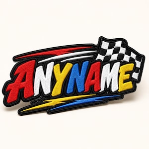 May include: Embroidered patch with the word "ANYNAME" in red, white, yellow, and blue, outlined in black. A checkered flag is on the right side, with red and white accents above and yellow and blue accents below.