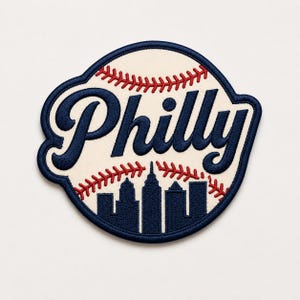 May include: Embroidered patch featuring a baseball design with the word "Philly" in navy blue script. The patch includes a cityscape silhouette in navy blue at the bottom and red stitching details.
