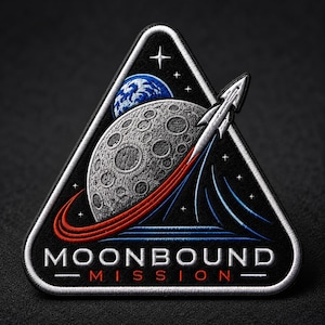 May include: Embroidered patch with a black background and a white border. The design features a gray moon, a blue and white planet, and a white rocket. Red and blue lines arc around the moon. The text "MOONBOUND MISSION" is at the bottom.