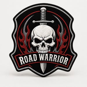Road Warrior Skull Embroidered Patch, Dagger Biker Patch for Jacket, Biker Shield Iron On Patch, Gothic Skull Patch Large Back Vest Patch