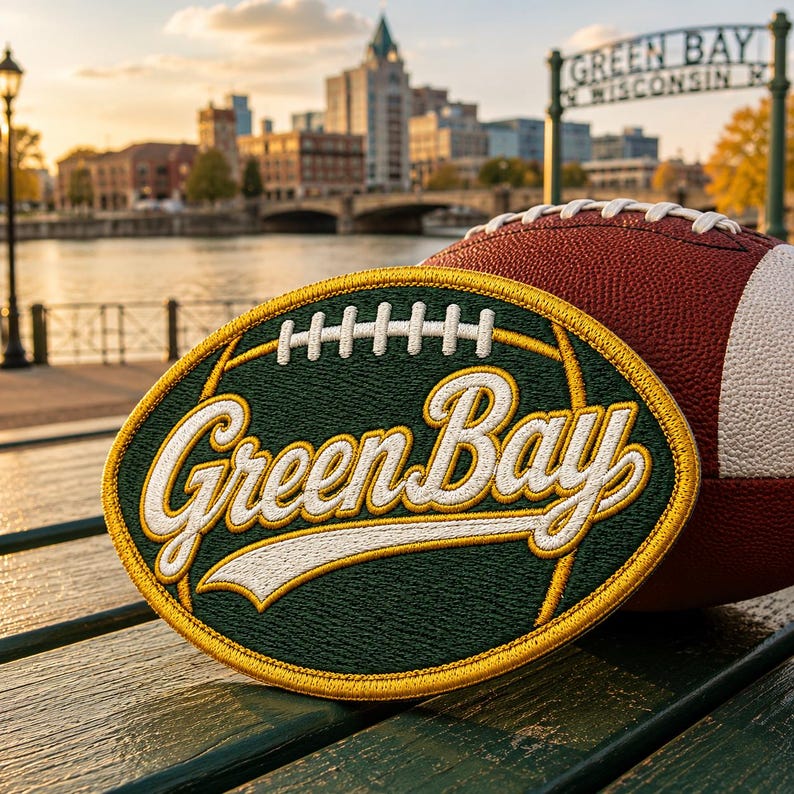 Puede incluir: Un bal&oacute;n de f&uacute;tbol americano marr&oacute;n y blanco descansa junto a un parche bordado en verde y dorado. El parche dice "Green Bay" en letras blancas. El fondo muestra un paisaje urbano y un letrero que dice "Green Bay Wisconsin".