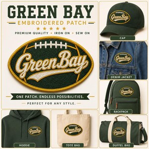 Puede incluir: Una variedad de art&iacute;culos con tem&aacute;tica de Green Bay, que incluyen una gorra, una chaqueta vaquera, una mochila, una sudadera con capucha, un bolso tote y una bolsa de lona. Cada art&iacute;culo presenta un parche bordado con "Green Bay".