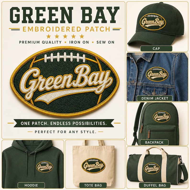 Puede incluir: Una variedad de art&iacute;culos con tem&aacute;tica de Green Bay, que incluyen una gorra, una chaqueta vaquera, una mochila, una sudadera con capucha, un bolso tote y una bolsa de lona. Cada art&iacute;culo presenta un parche bordado con "Green Bay".