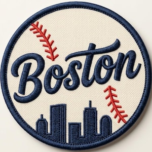 May include: Embroidered patch featuring the word "Boston" in navy blue script, with a cityscape silhouette at the bottom. The patch is circular, with red baseball stitching and a navy blue border. The background is off-white.
