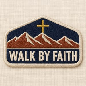 May include: A pentagonal embroidered patch featuring a dark blue background with a gold cross centered above three brown mountain peaks. The text WALK BY FAITH is stitched in cream-colored capital letters across the bottom section of the patch.