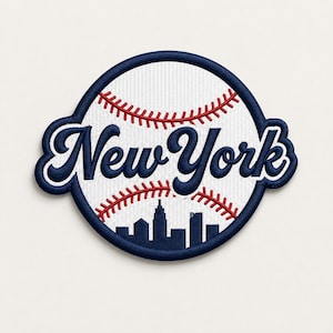 May include: Embroidered patch featuring a baseball design with the text "New York" in navy blue script. The patch includes a red baseball stitch design and a navy blue outline. A silhouette of the New York City skyline is at the bottom.