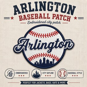 May include: Embroidered Arlington baseball patch with a baseball design, featuring the city skyline. The patch includes the text "Arlington Baseball Patch" and is perfect for jackets, bags, hats & more.