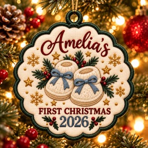 May include: A scalloped, cream-colored embroidered ornament featuring the text Amelia's FIRST CHRISTMAS 2026. The design includes two cream baby booties with blue bows, surrounded by green pine sprigs, red berries, and gold stars.
