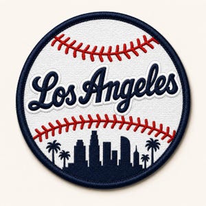 May include: Embroidered patch featuring a baseball design with the text "Los Angeles" in navy blue script. The patch includes a navy blue skyline silhouette and red stitching details, with a white background.