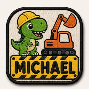 May include: A square embroidered patch featuring a green dinosaur wearing a yellow hard hat next to an orange construction excavator. Below them is a yellow and black striped construction sign with the name MICHAEL in bold black letters.