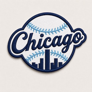 May include: Embroidered patch featuring the word "Chicago" in navy blue script, set against a baseball design with light blue stitching. A navy blue skyline is at the bottom of the baseball.