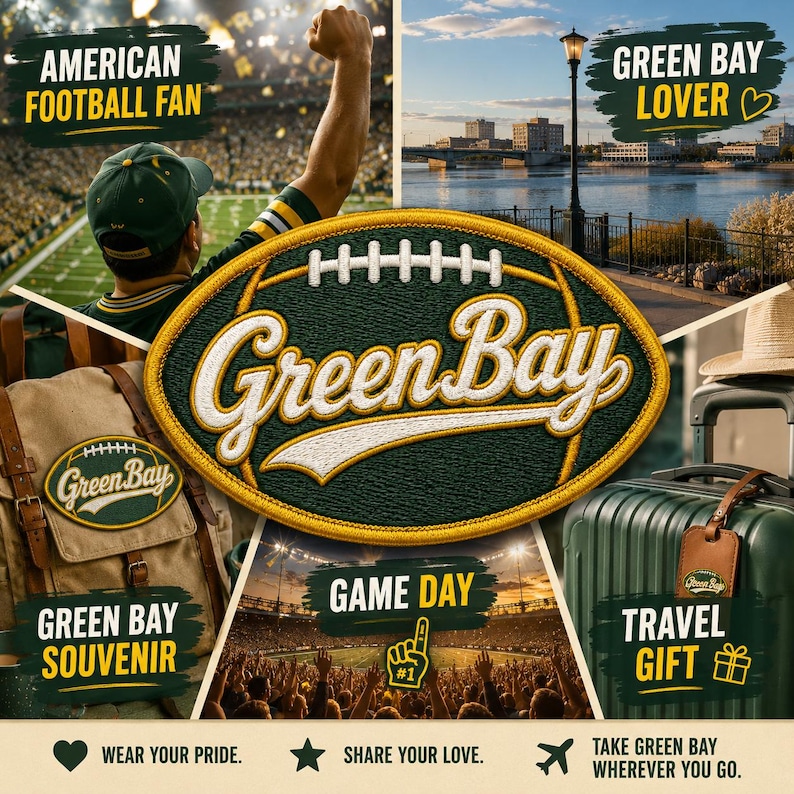 Puede incluir: Un collage con art&iacute;culos tem&aacute;ticos de los Green Bay Packers. Incluye un parche en forma de bal&oacute;n de f&uacute;tbol con el texto "Green Bay", una mochila, una maleta y un aficionado en un partido. El texto incluye "American Football Fan", "Green Bay Lover", "Green Bay Souvenir", "Game Day" y "Travel Gift".