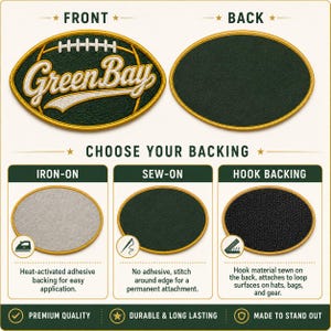 Puede incluir: Parche bordado de Green Bay con forma de bal&oacute;n de f&uacute;tbol, con el nombre del equipo en letras doradas sobre fondo verde. Opciones: termoadhesivo, para coser y respaldo de gancho para aplicar en varios art&iacute;culos.