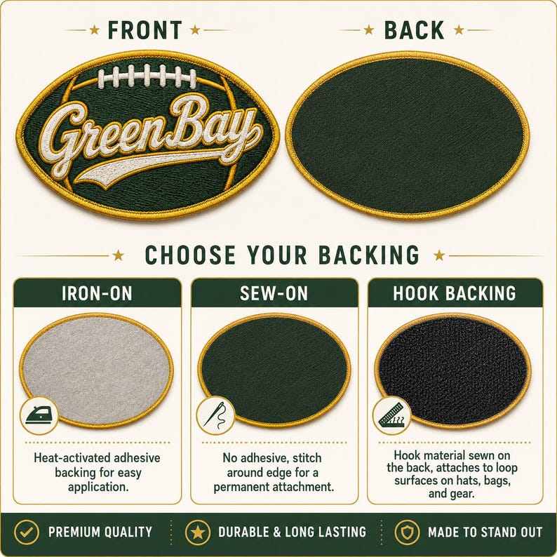 Puede incluir: Parche bordado de Green Bay con forma de bal&oacute;n de f&uacute;tbol, con el nombre del equipo en letras doradas sobre fondo verde. Opciones: termoadhesivo, para coser y respaldo de gancho para aplicar en varios art&iacute;culos.