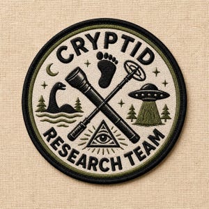 May include: Embroidered patch with the words "CRYPTID RESEARCH TEAM" in a circular design. The patch features a black footprint, a telescope, a UFO, the Loch Ness Monster, and an all-seeing eye.