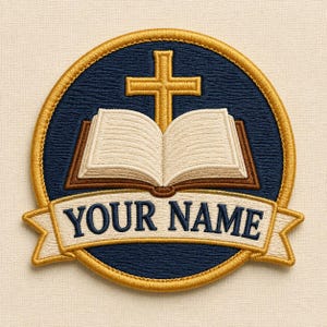 May include: A circular embroidered patch featuring a dark blue background with a gold border. The design includes an open book with cream pages, a gold cross positioned above the book, and a cream banner at the bottom with the text YOUR NAME.