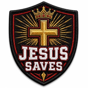 May include: A shield-shaped embroidered patch featuring a gold cross topped with a gold crown and radiating sunburst lines. The background is black with red trim. The white text JESUS SAVES is embroidered in a bold font at the bottom of the patch.