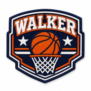 May include: A shield-shaped embroidered patch featuring a dark blue background with an orange basketball above a white net. The word WALKER is stitched in white letters with an orange outline at the top, flanked by two white stars on each side.