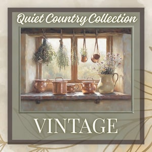 Puede incluir: Una impresión enmarcada titulada Quiet Country Collection Vintage que muestra una pintura de un alféizar con hierbas secas colgantes, ollas de cobre y una jarra de cerámica llena de flores silvestres. La escena muestra un interior cálido.