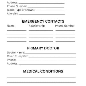 May include: A white document with black text, titled "EMERGENCY INFORMATION" and "EMERGENCY CONTACTS." It includes fill-in-the-blank sections for personal details, contact information, and medical conditions. The document is from the "Steady Path Planning - Aging in Place Workbook."