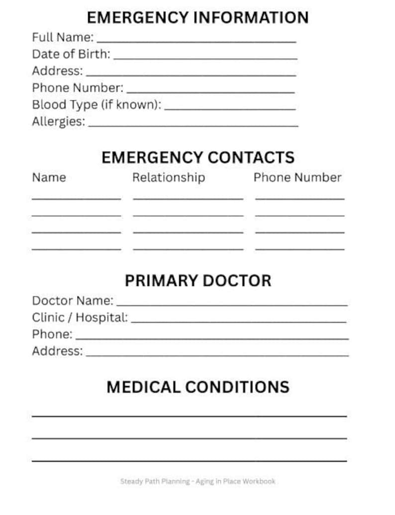 Emergency Information Sheet | Medical Form | Caregiver Planner (PDF ...