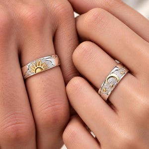 Sun Moon Couple Rings, Sterling Silver Adjustable Promise Set, Celestial His Hers Anniversary Bands