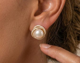 Pearl Clip On Earrings, Non Pierced 10mm Pearl Clips, CZ Halo Bridal Wedding Jewelry, Gold or Silver