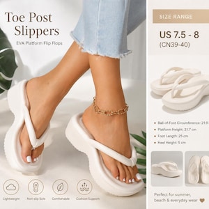Puede incluir: Chanclas de plataforma en EVA color blanco roto con suela gruesa y diseño de tira redondeada. El texto dice Toe Post Slippers, EVA Platform Flip Flops, Size Range US 7.5-8, e incluye medidas como una altura de tacón de 5 cm.