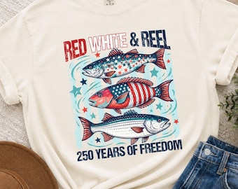 Red White Reel Patriotic Fishing Shirt, USA Flag Fish Graphic Tee