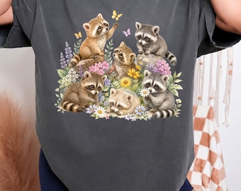 Baby Raccoon Floral Shirt, Woodland Animal Tee, Cottagecore Nature Wildlife
