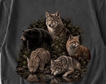 Wolf Fox Bear Lynx Woodland Wildlife Graphic Tee, Nature Forest Scene Shirt