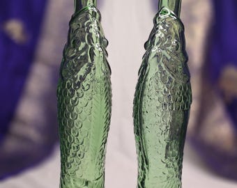 Vintage ANTINORI 70’s Emerald Green Glass Fish Shaped Wine Bottles -set of 2