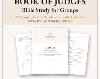 May include: A digital Bible study guide titled Book of Judges for Groups, featuring 8 sessions, a leader's guide, and printable handouts. The document includes 64 pages covering 21 chapters in a printable PDF format, with text visible on the cover.