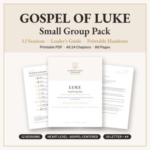 May include: A Gospel of Luke Small Group Pack digital resource featuring 12 sessions, a leader's guide, and printable handouts. The set includes 88 pages covering 24 chapters in a printable PDF format, presented on US Letter and A4 paper sizes.