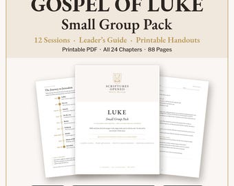 May include: A Gospel of Luke Small Group Pack digital resource featuring 12 sessions, a leader's guide, and printable handouts. The set includes 88 pages covering 24 chapters in a printable PDF format, presented on US Letter and A4 paper sizes.