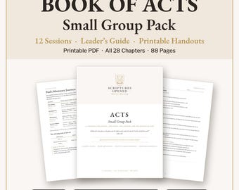 May include: A Book of Acts Small Group Pack digital resource featuring 12 sessions, a leader's guide, and printable handouts. The document includes 88 pages covering 28 chapters, available in US Letter and A4 formats for study groups.