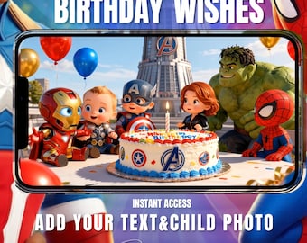 Sjabloon voor een superhelden verjaardagsvideo van een baby, bewerkbare Canva verjaardagswensvideo met foto van het kind, Spiderman Captain America digitaal cadeau voor kinderen