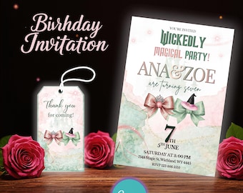 Wicked verjaardagsfeestuitnodiging met label | Wicked feestuitnodiging | Uitnodiging geïnspireerd op de film WICKED | Thema Elphaba & Glinda | Bewerkbaar op Canva