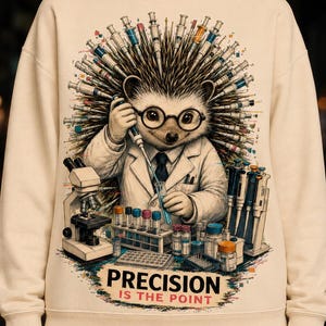 May include: A cream-coloured crewneck sweatshirt featuring a graphic of a hedgehog scientist wearing glasses and a lab coat. The hedgehog is surrounded by syringes, a microscope, and test tubes. The text reads, "PRECISION IS THE POINT."