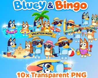 4000px 10 stuks Bluey en Bingo zomervakantie clipart PNG bundelset - Directe digitale download, feestdecoraties, uitnodigingen