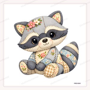 May include: A plush raccoon toy featuring a patchwork design with grey, blue, and cream fabric panels. The raccoon has large black eyes, a small black nose, and floral and gingham patterns on its ears, chest, and tail, with visible stitching.