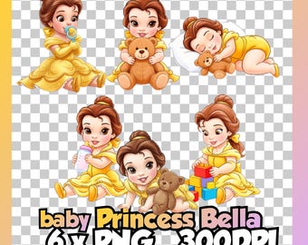 Prinses Bella baby clipart PNG-bundel, geïnspireerd op Belle en het Beest, 300 DPI transparante clipart, babykamer sublimatie design