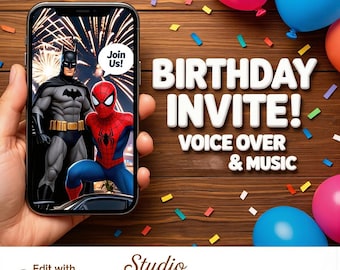 Spiderman & Superheld verjaardagskaart video: gepersonaliseerde geanimeerde digitale Canva mobiele uitnodiging